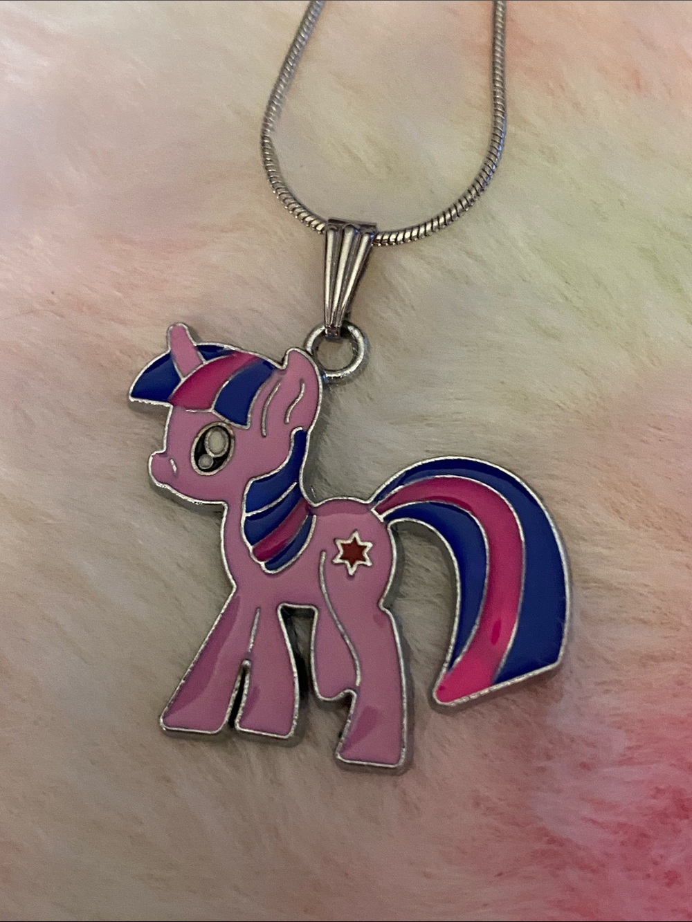 Pink My Little Pony Pendant Necklace with Blue and Magenta Mane